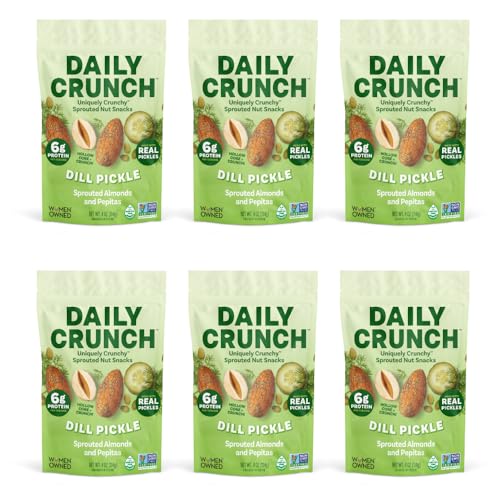 Image of Daily Crunch Sprouted Almonds and Dehydrated nuts for a Unique Crunch, Keto Friendly, Non-GMO Zero Seed Oils, Gluten Free, 4oz (6 Pack, Dill Pickle)