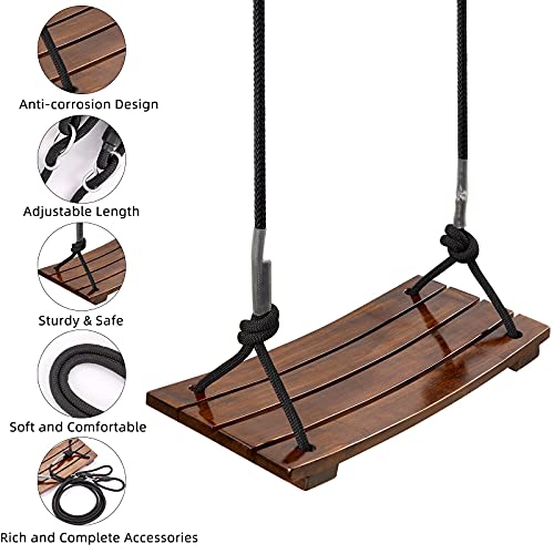 PELLOR Wood Swing Seat, Carbonized Hanging Wood Tree Swing 16.9 x7.9 x0.5 in for Adult Kids Children Anticorrosive & 100% Waterproof Wooden Swing Set 440lbs Load Indoor Outdoor Backyard Play