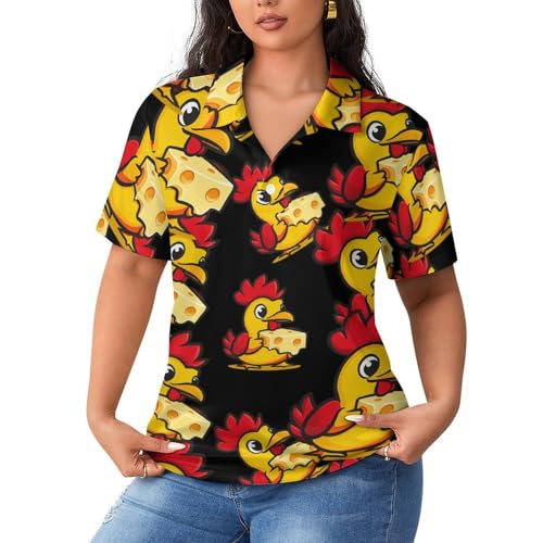Polo de tenis para mujer con divertido estampado de pollo comiendo queso
