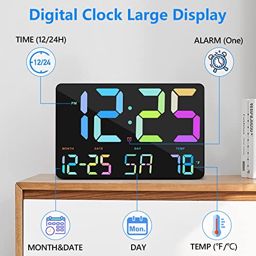 Digital Wall Clock,11.5" Led Digital Clock Large Display,With Remote Control,Adjustable Brightness, Calendar, Temperature, Snooze, 12/24 H, For Living Room, Office, Bedroom, Black+Colorful Digit #TOP4
