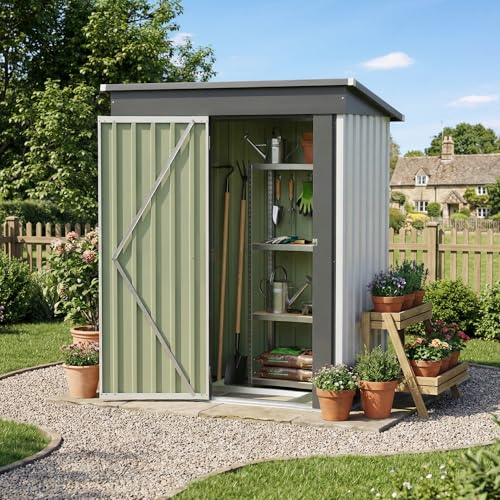 Image of Devoko 5 x 3 FT Storage Sheds with Floor Frame, Waterproof Garden Tool Shed with Lockable Door, Outdoor Metal Small Shed for Backyard Patio Lawn, White