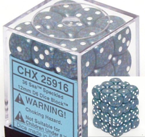 Chessex Dice d6 Sets: Sea Specked - 12mm Six Sided Die (36) Block of Dice
