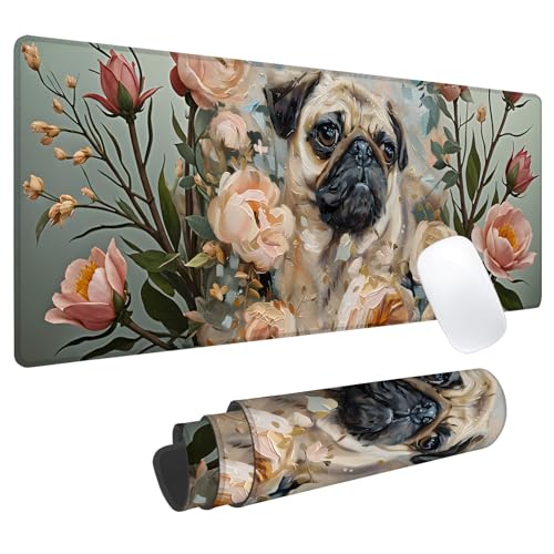 Floral Pug Gaming Mouse Pad, Office Desk Mat, Anti-Slip Rubber Base Cool Aesthetic Mouse Pads for Computer Laptop Keyboard School Home Desktop Gamer Home Accessories Decor 31.5" x 11.8"