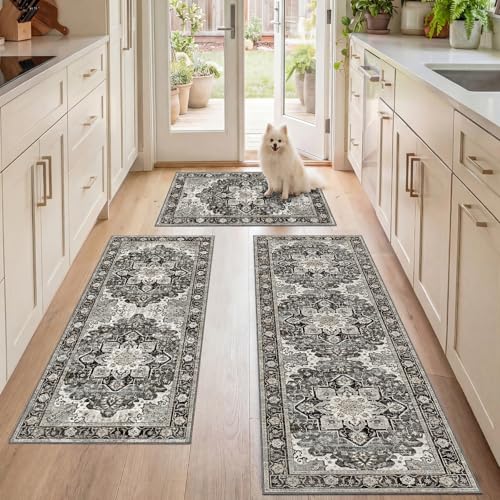3 Piece Kitchen Rugs Sets with Runner, Washable Non Slip Soft Boho Kitchen Mats, Low Pile Stain Resistant Carpet for Hallway, Laundry Room, Entryway, Home Decor (20"x32"+20"x48"+20"x59", Black Gray) by Articosy - Used condition - US$30.82