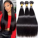 HHSHOW Brazilian Virgin Straight Hair 3 Bundles 100 Percent Unprocessed Human Weave Extensions Deal Natural Black 14 16 18 for Womenfor Women, STW-14 Inch