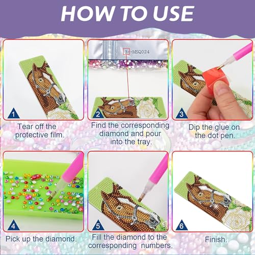 Lymshine Diamond Art Bookmarks Kits, 6 Pcs Diamond Painting Horse Bookmarks with Crystal Pendant - Image 4