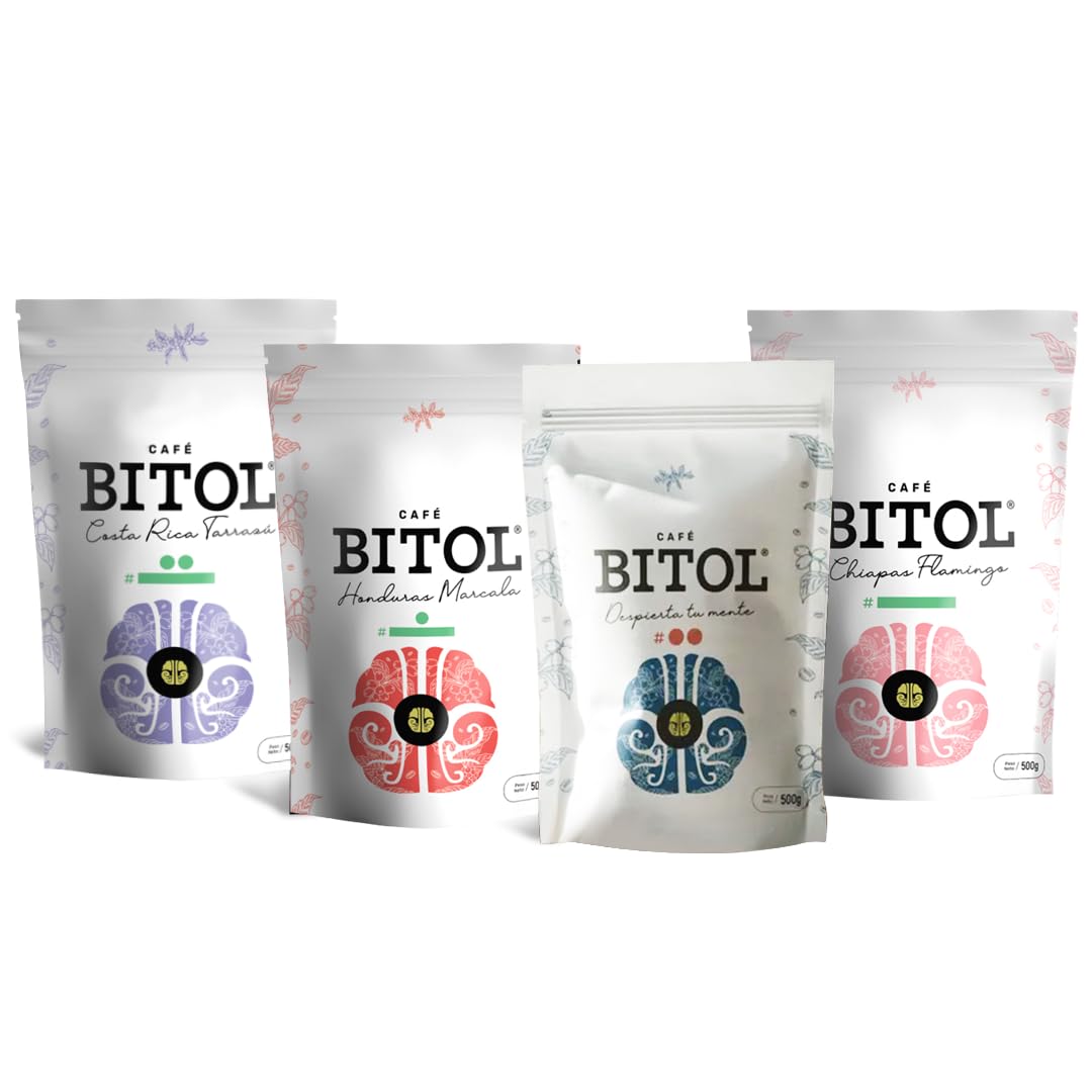 Cafés Bitol Pack 4 Cafe Mesoamérica 500 gr c/u | Costa Rica Tarrazú, Marcala Honduras, Flamingo Chiapas y Guatemala Antigua | Notas de Cítricos, Frutas, Caramelo y Cacao