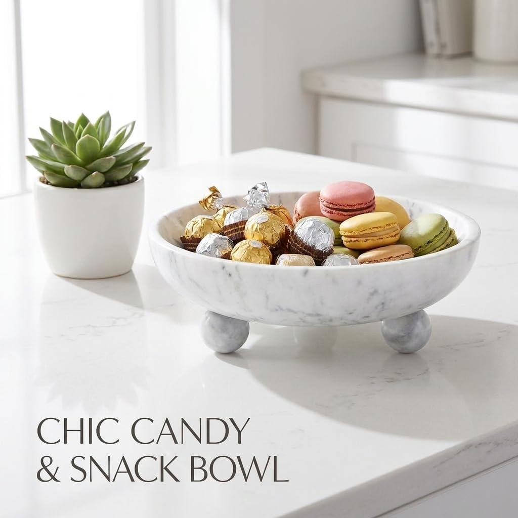 Marble Fruit Bowl with Three Ball Feet, Black | Decorative Serving Tray, Catchall for Jewelry, Keys & Accessories, Modern Centerpiece, For Countertop or Coffee Table (White)