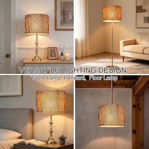 Image of Rustic Bamboo Drum lamp Shade with Decorative Geometric Green Figure,Groovy Unique ideal for living room bedroom, easy assemble, size 11.8x9Inch