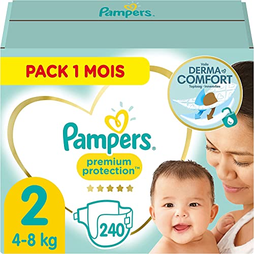 Pampers Couches Taille 2 (4-8 kg), Premium Protection, 240 Couches Bébé, Pack 1 Mois, Notre N°1 Pour La Protection Des Peaux Sensibles