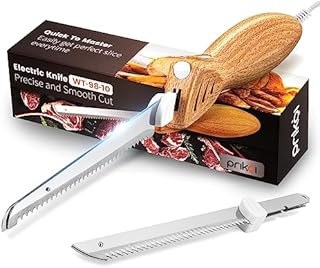 Electric Knife - Easy-Slice Serrated Edge Blades for Carving Meat, Bread, Turkey, Ribs, Fillet, DIY, Ergonomic Handle + 2 Blades for Raw & Cooked Food(Faux Wood)