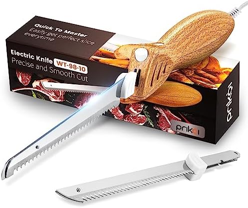 Prikoi Electric Knife - Easy-Slice Serrated Edge Blades for Carving Meat, Bread, Poultry, Fillet, DIY, Ergonomic Handle + 2 Blades for Raw & Cooked Food