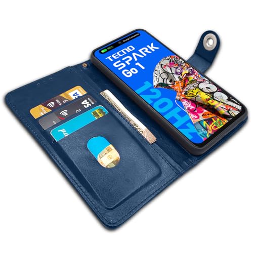 Image of Pikkme Flip Cover Leather Finish | Inside TPU with Card Pockets | Wallet Stand and Shock Proof | Complete Protection Button Flip Case for Tecno Spark Go 1 (Blue)