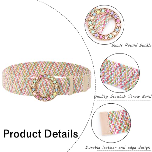 Urieo Elastic Round Buckle Straw Belts Beaded Colorful Stretch Woven Belt Dresses Dress Jeans Pants Raffia Belt for Women3