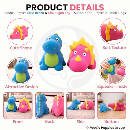 Image of Foodie Puppies Dog Squeaky Chew Latex Rubber Toy Combo (Pink Dino + Blue Benzo) for Small Dogs & Puppies | Durable, Soft Animal Design | Fetch & Chew Safe Play Toys