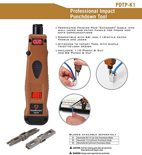 Southwire Punchdown Impact - Multi-Blade Termination Tool for Phone & Data Cabling - Includes 110 & 66 Blades, Built-in Wire Hook & Spudger - Thumbnail 5