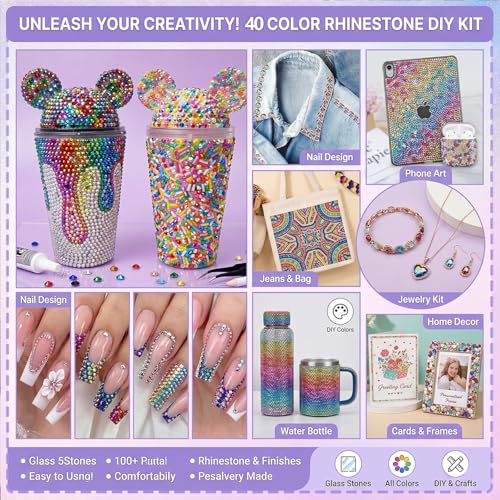 Zestaw do ozdabiania Bedazzler 35 000 sztuk kryształków typu Jelly w 40 kolorach, żywiczne kamienie o płaskim spodzie (3 mm) do zdobień w stylu Diamond Art w komplecie z klejem, pęsetą i aplikatorem