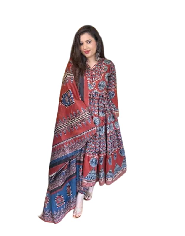 Elegant Printed Anarkali Suit with Dupatta & Pant for Women's and Girls