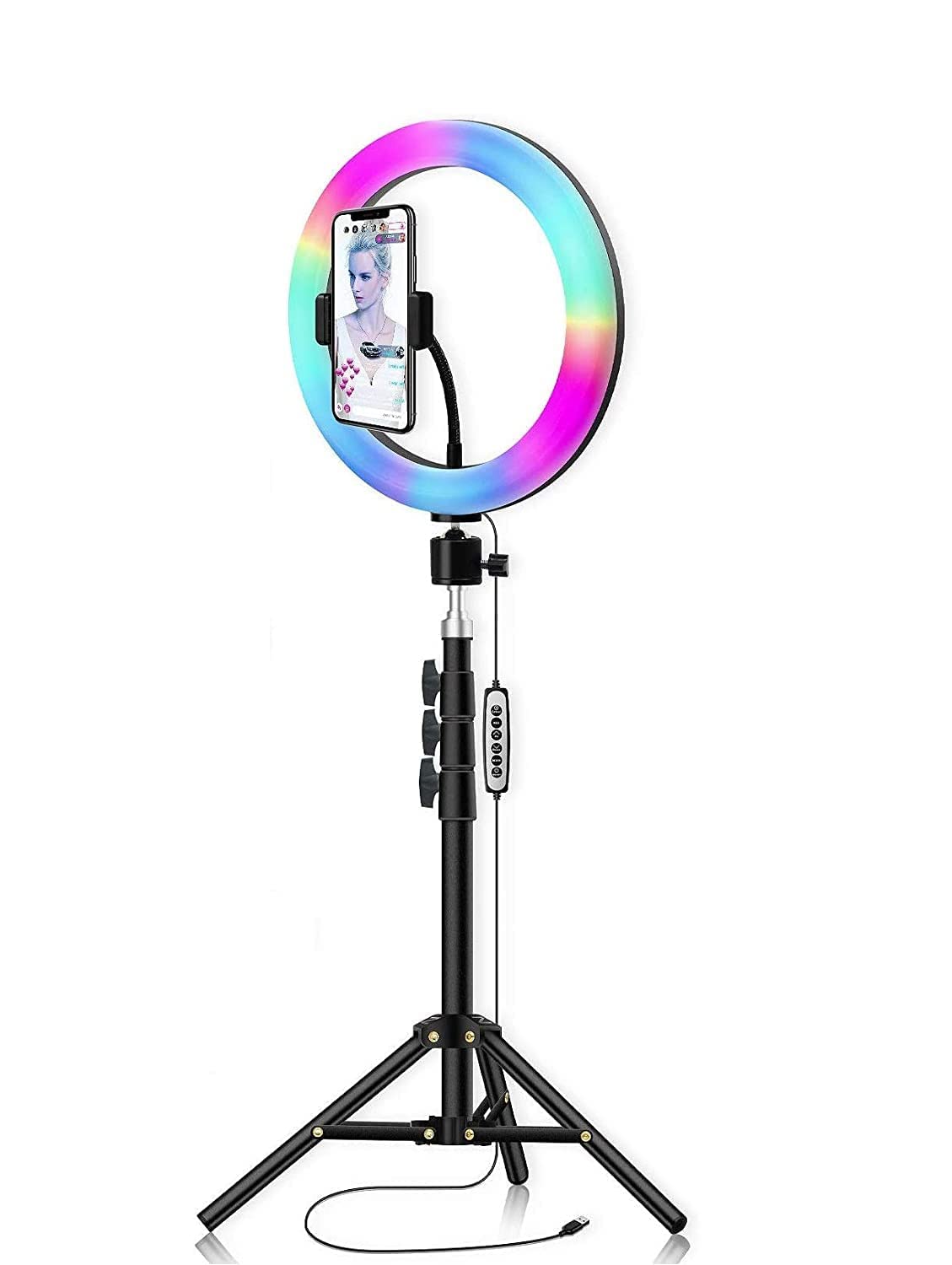 10" Combo LED Ring Light with Adjustable Tripod Stand & Phone Holder, RGB 16-Colors Dimmable Selfie Live Streaming/Taka Tak/Makeup/YouTube Video/Photography, Tripod Bracket Ring Flash (White)-image-45