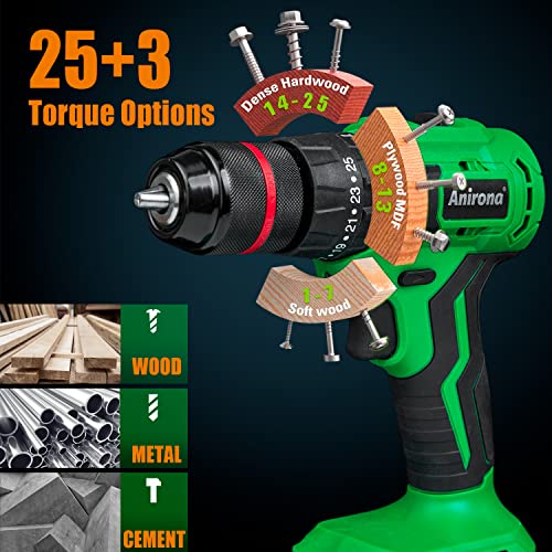 Anirona 20V Brushless Cordless Power Drill, 25+3 Hammer Drill Driver With 2X2.0Ah Batteries And Charger,450 In-Lbs Torque, 3/8” Metal Keyless Chuck, 2-Variable Speeds,25 Bit Set With Case For Concrete #TOP3