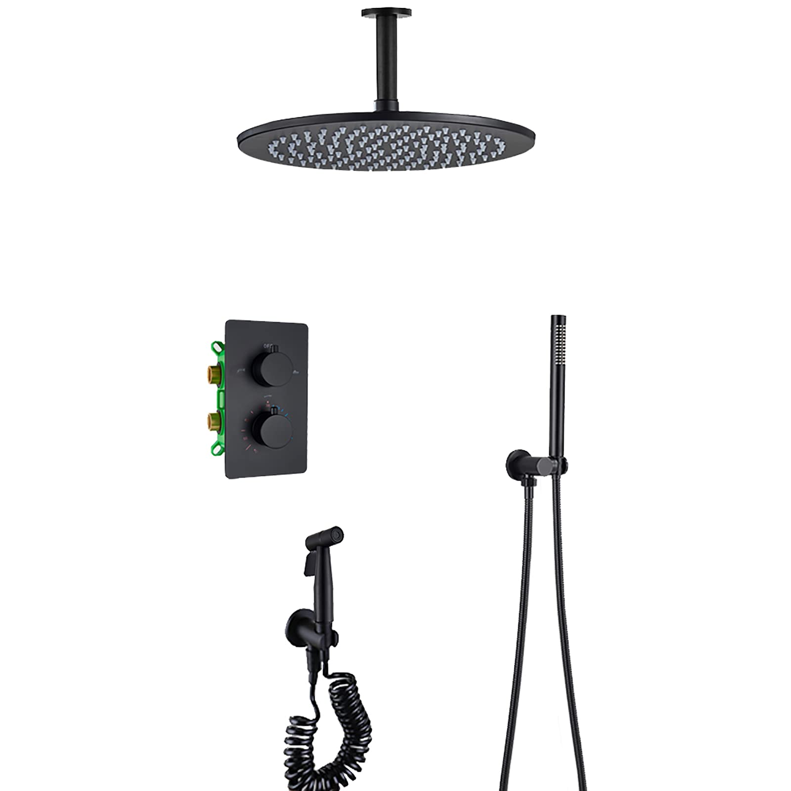 CWCQGH Black Rain Shower Thermostatic Bathroom Shower Faucet Set Ceiling Mounted Shower Combo Set Brass Rain Mixer Shower with Round Shower Head, Handheld Shower, Bidet Sprayer,8 Inch