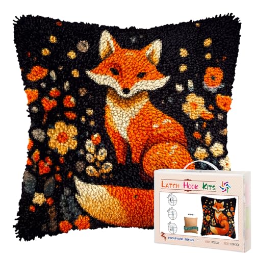 Image of Cartoon Orange Fox in Flowers DIY Latch Hook Pillow Kits for Adults Printed Pillowcase Crochet Yarns Hooking Handmade Pillow Cover Cushion for Home Sofa Decoration 17x17inch