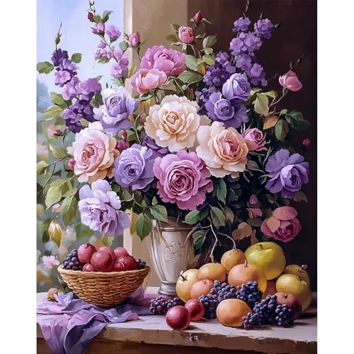 DAERLE Pintar por Numeros Adultos, Frutas y ramo, DIY Painting by Numbers Kits, Bodegón de flores, Cuadros para Pintar por Numeros Pinturas Acrilicos, decoración para el hogar 40x50cm Sin Marco