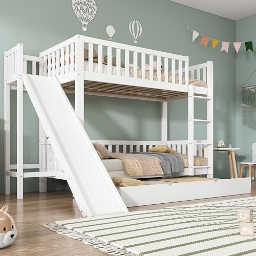 VIVCA Litera con cama abatible, 90 x 200/190 cm, cuna, con barrera anticaídas, con tobogán y estanterías, con escalera recta de 4 peldaños, madera de pino y MDF, color blanco