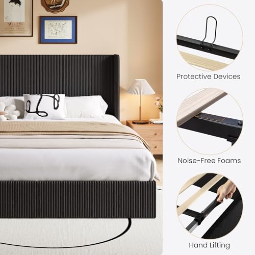 Image of SHA CERLIN King Lift Up Storage Bed Frame, Upholstered Corduroy, Black