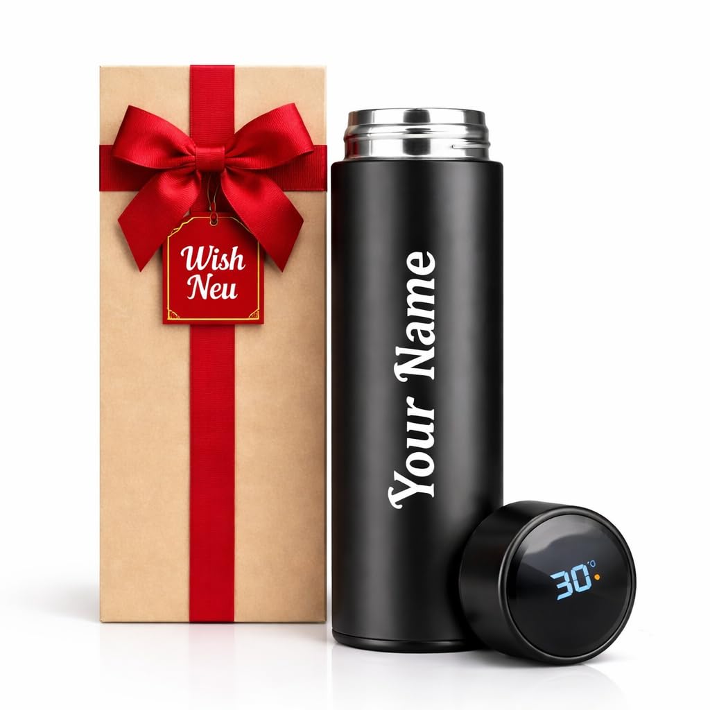 Customised Temperature Water Bottle with Your Name | Stainless Steel Smart Water Bottle with LED Temperature Display | Leakproof | Travel, Kids, Fitness, Sports, Gym, Workout 500ml
