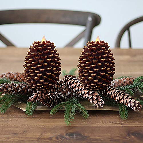 Image of Christmas Pine Cones Flameless Candle Battery Operated with Timer Brown | Real Wax, 2 Pack LED Pillar Candle for Winter Holiday Decoration, 3.5 inchx4.7 inch