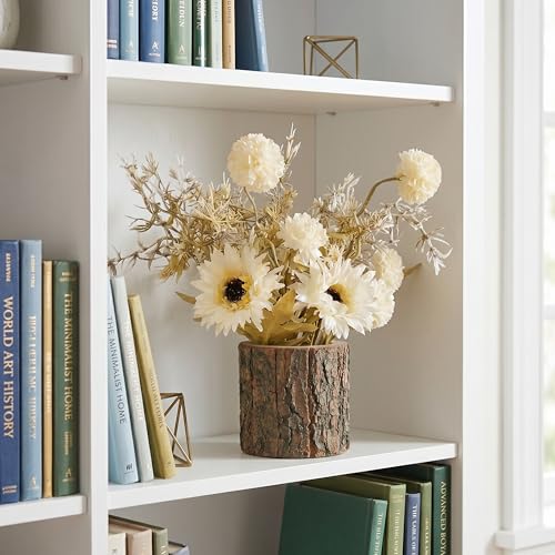 Image of Dekorly Artificial White Dry Daisy Flower with Real Wooden Vase (28CM Overall Height) | Decorative Lifelike Faux Floral Plant in Rustic Tree Log Pot for Living Room (White Dry Daisy)