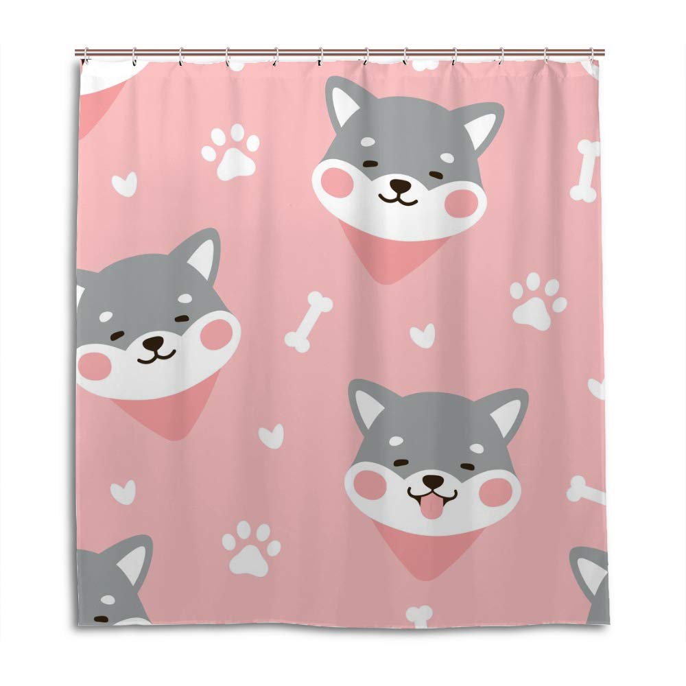 Rideau de douche polyester lavable motif Shiba rose gris 183x183cm pour baignoire