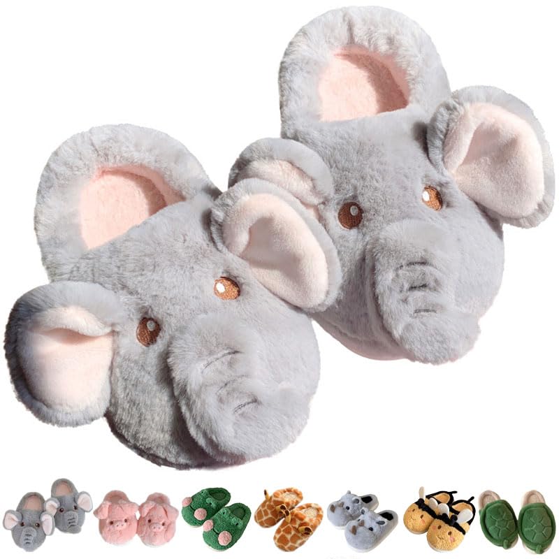 Jfxgjuv Elephant Slippers, Frog Slides, Cute Pig Cartoon Animal Slippers, Fluffy Retro Memory Foam Plush Indoor Outdoor Home Shoes (Elephant grey,7.5-8 Women/5.5-6 Men)