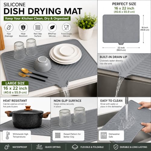 Image of AGILAM- Silicone Dish Drying Mat | Heat Resistant | 22x16 Inch | Grey