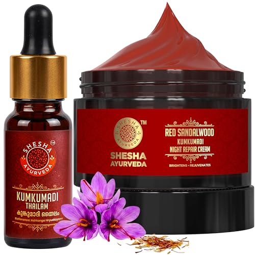 Image of SHESHA AYURVEDA Combo of Red Sandalwood Skin Brightening & Night Repair Cream and Ayurvedic Kumkumadi Thailam | Hydrating anti-aging and radiant skin 50gm+5ml