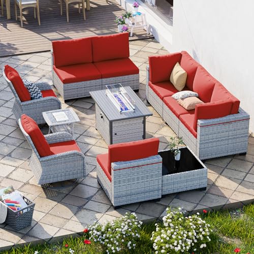 Image of 11-Piece Patio Furniture Set, Outdoor Patio Furniture with 55,000 BTU Fire Pit Table, Swivel Chairs Set, Thick Cushions, Modular Patio Sofa, Dual-Strand Wicker Rattan, Rust-Resistant Frame, Red