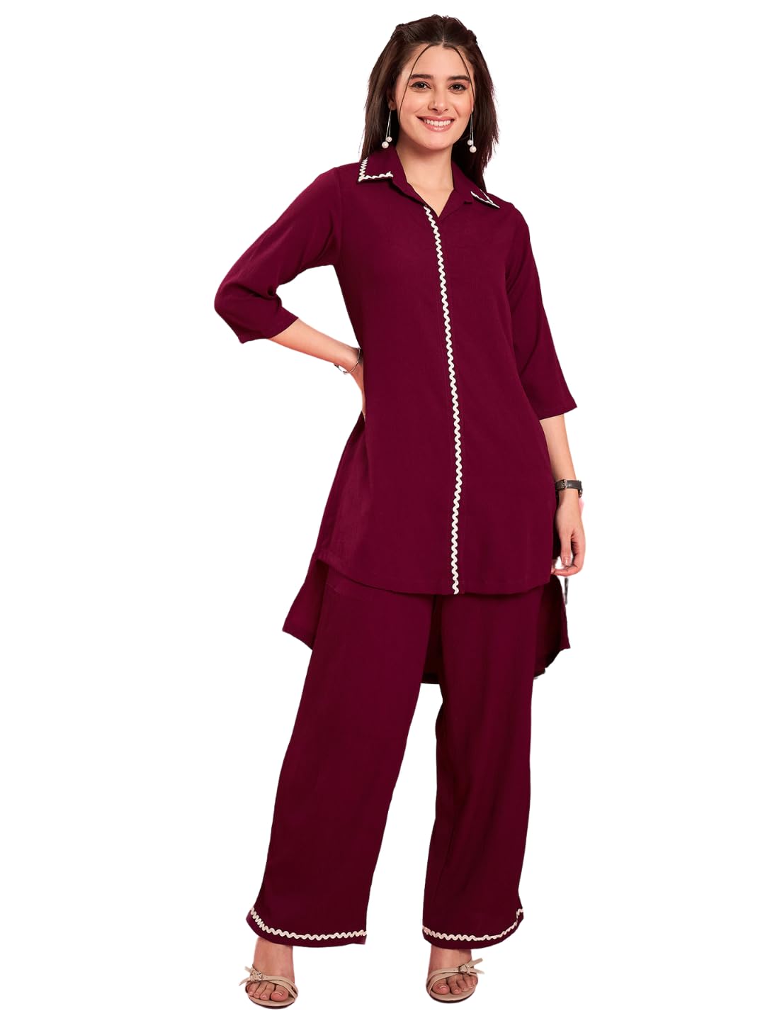 Women Purple Lace Detailing Hi-Low Co-ord Set