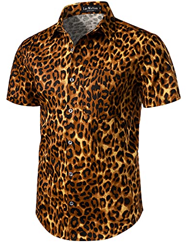 Lucmatton Men's 2 Piece Floral Outfits Hipster Leopard Short Sleeve Button Down Shirt And Shorts Set For Club Party Gold Leopard Xx-Large #TOP1