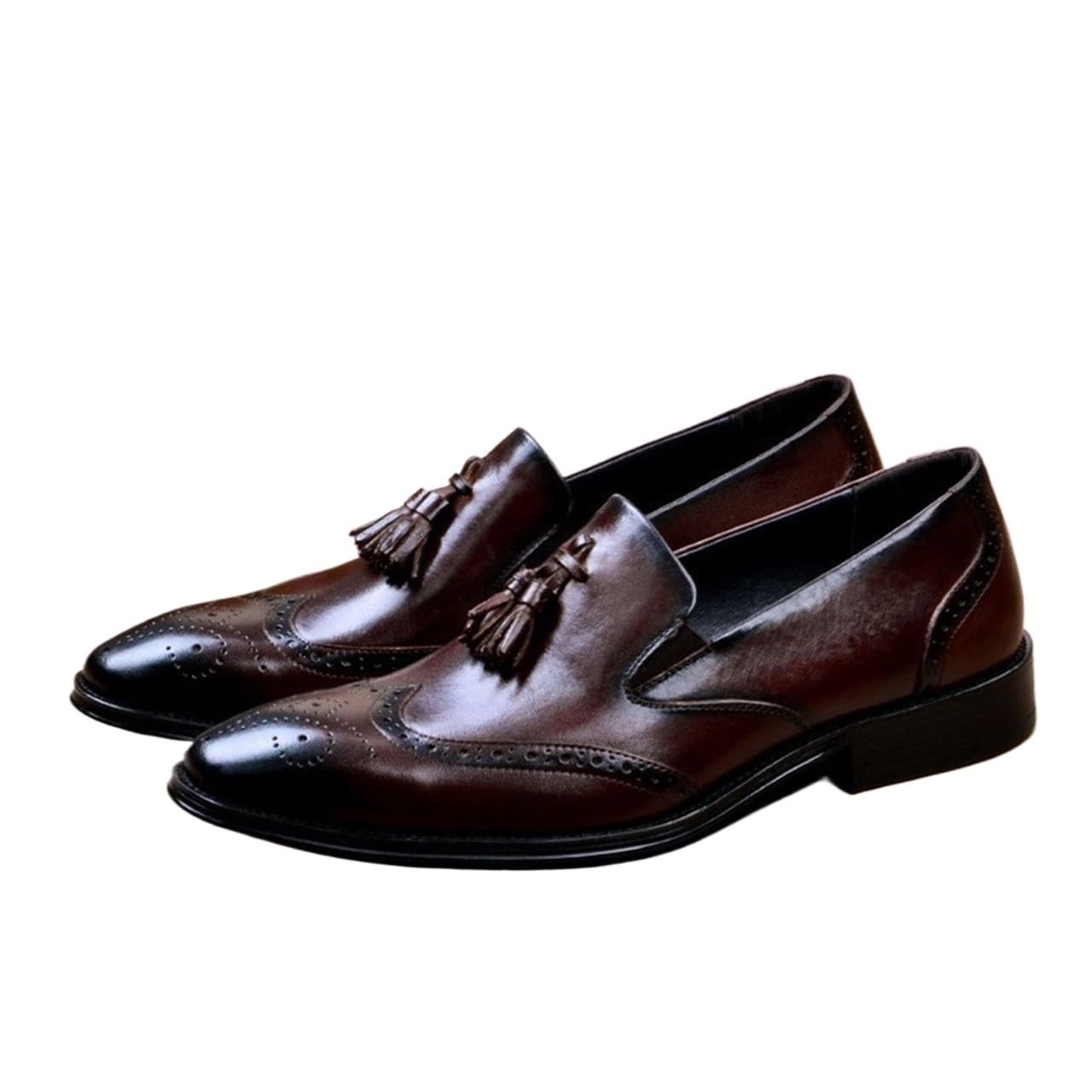 Rui Landed Oxford dla mężczyzn półbuty wsuwane styl premium skóra naturalna mokasyny na co dzień niski obcas blokowy frędzle rzeźba końcówka skrzydła szpiczasty nosek