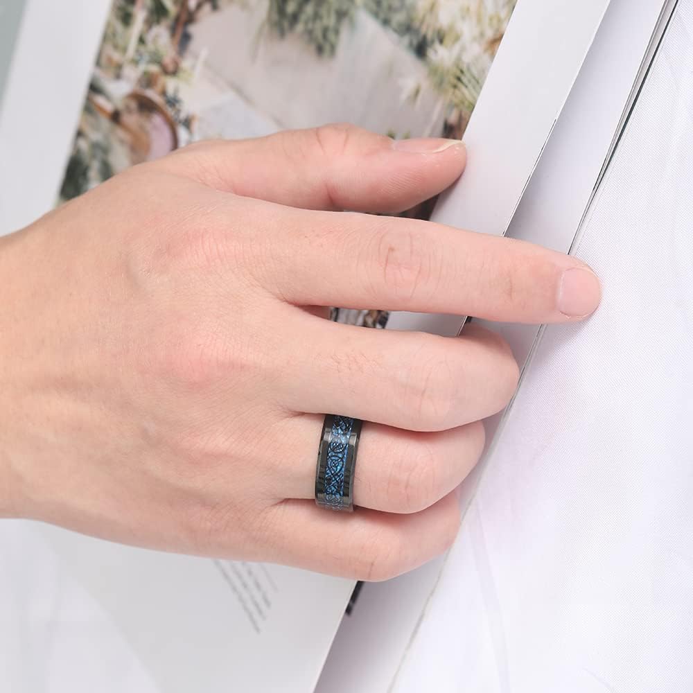 TUNGSTORY 8mm Black Tungsten Rings for Men Celtic Dragon Wedding Ring with Blue/Green Carbon Fiber/Red Opal Paper Inlay Comfort Fit Size 5-14 - Image 5