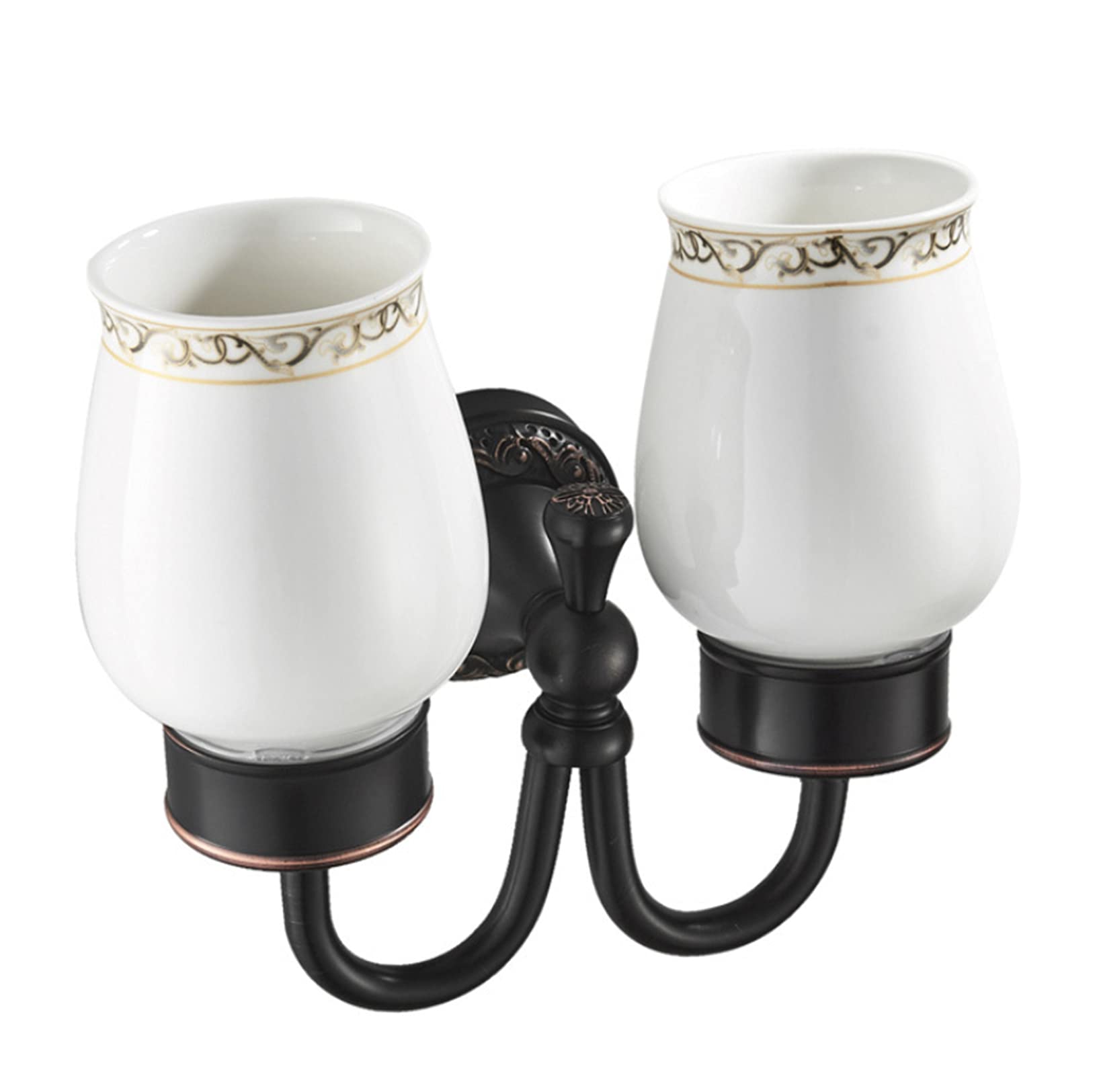 Schwarz Retro Messing Zahnbürstenhalter, Europäischer Stil Wand Geschnitzt Doppelt Keramik Becherhalter, Bronze Finished Mund Becher Halter Anhänger Badezimmer Zubehör