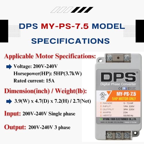 Image of DPS Single to 3 Phase Converter, My-PS-7.5 Model is Used for a 5HP(3.7kW) 15Amps 200-240V 3 Phase Motor, Input /Output 200V-240V, UL /CE Certified