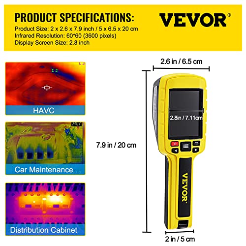 VEVOR Thermal Imaging Camera, 60x60 (3600 Pixels) IR Resolution Infrared Camera with 2.8\" Color Display Screen, Built-in SD Card and Li-ion Battery, for HVAC, Electrical System Automatic Detect