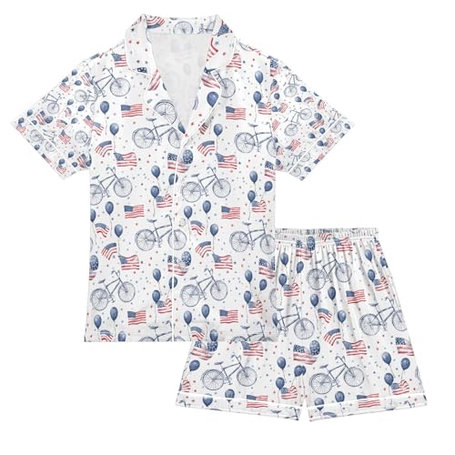 senya Bicycle Balloon Flag Satin Summer Pajama Sets Silk Short Sleeve Button Down Sleepwear