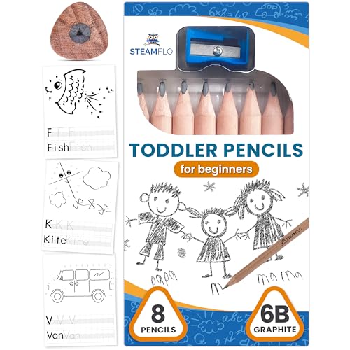 Image of Learning Pencils For Toddlers 2-4 Years–Kids Pencils For Beginners, Toddlers And Preschoolers, Jumbo Triangle Shape With Soft Graphite (8pk+Sharpener)