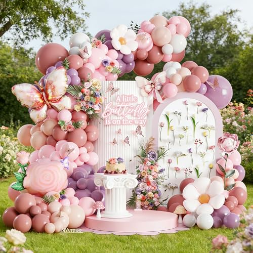Image of Spring Butterfly Birthday Party Decorations, 154Pcs Daisy Flower Pink Purple Balloons Arch Garland Kit with Butterfly Foil Balloons for Baby Shower Garden Tea Party Wedding Supplies