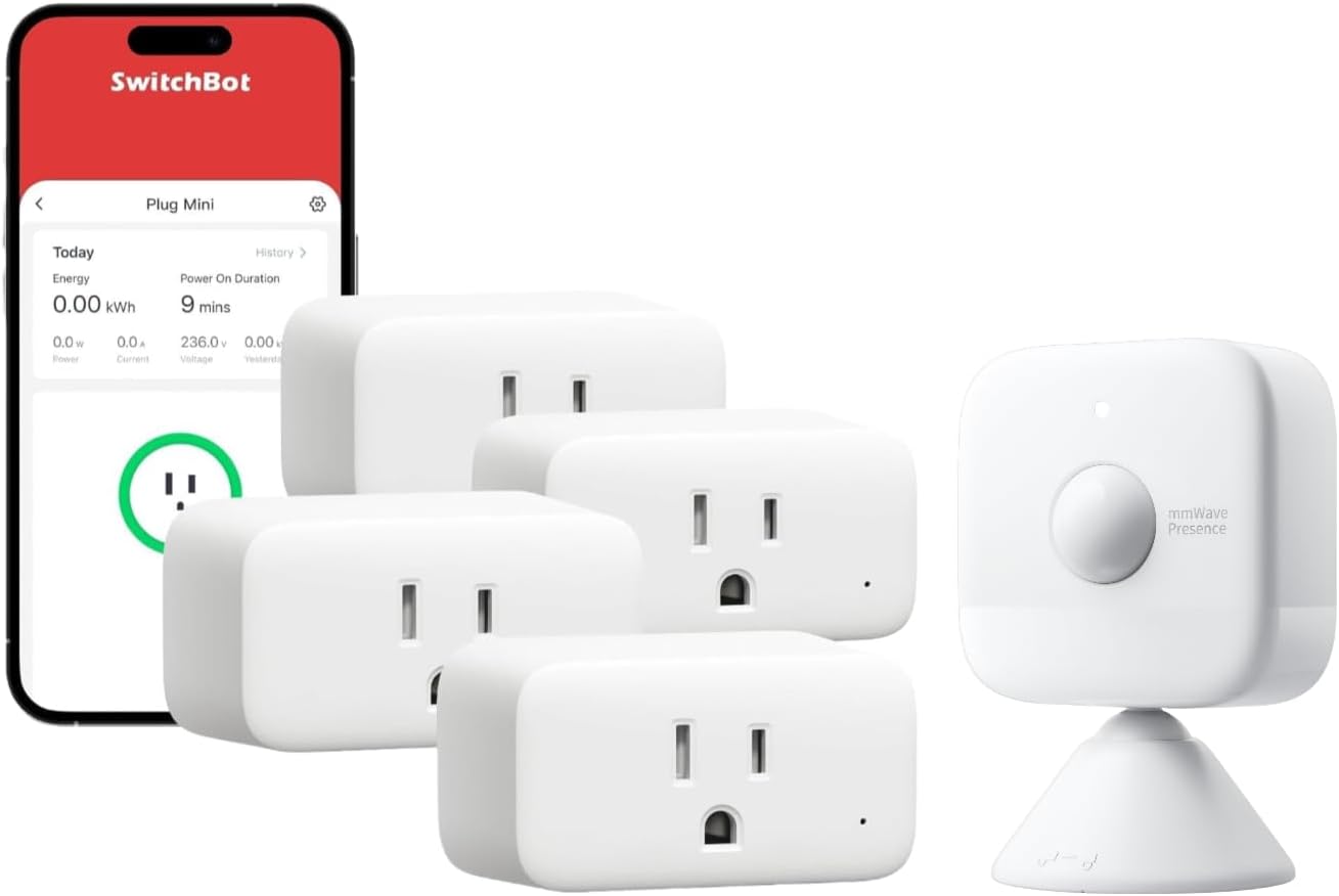 SwitchBot Smart Plug Mini 15A(4 Pack) with Smart mmWave Radar Motion Sensor, Bluetooth Presence Sensor with Dynamic Detection & Zone Positioning, Compatible with Alexa, HomeKit & Apple Home via Hub