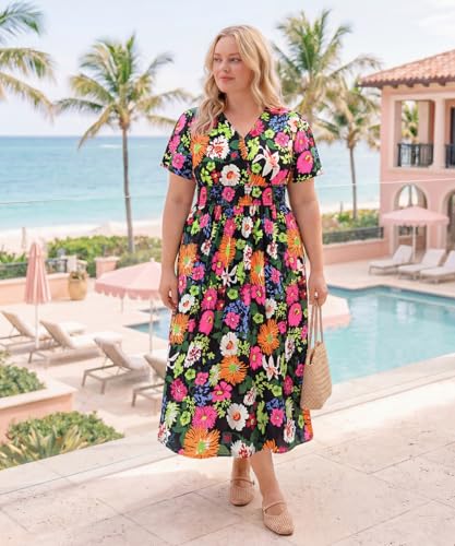 Image of CARCOS Plus Size Dresses for Curvy Women V Neck Summer Maxi Dress Short Sleeve Floral Boho Dress Smocked Waist Beach Dress