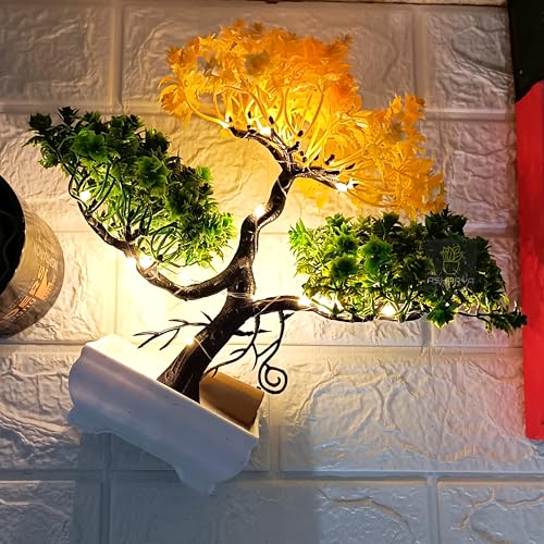 Image of Artificial LED Bonsai Tree with Lush Colorful Foliage in Elegant Plastic Pot | Artificial Plants with Pot | Indoor Plants | Home Decor Items (Yellow-Green, 24cm)